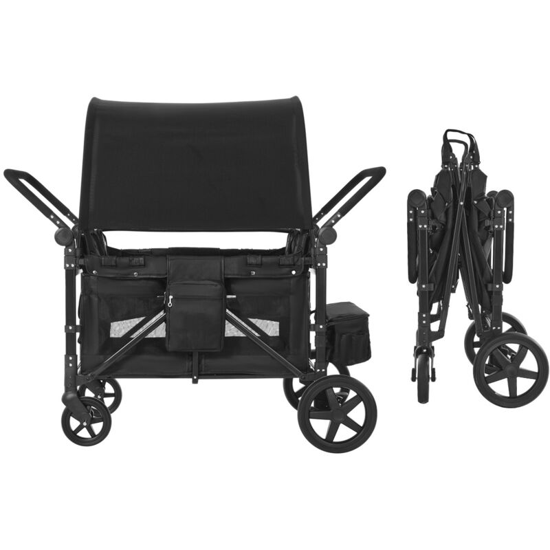 Mophorn Wagon Kinderwagen für 4 Kinder, zusammenklappbarer Push-Pull-Kinderwagen mit verstellbarem Griff, 5-Punkt-Sicherheitsgurt und abnehmbarem