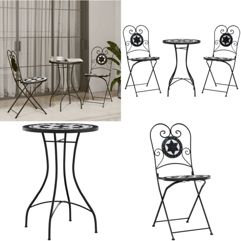 Mosaik-Bistro-Set Schwarz und Weiß Eisen und Keramik - Gartentisch - Bistroset - Outdoor Möbel - Balkonmöbel - Esszimmergarnitur - Home & Living