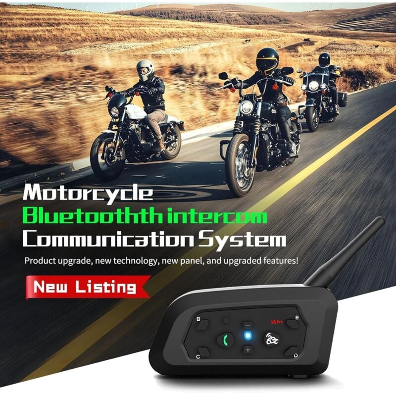 Motorrad Bluetooth Intercom V6 Pro - Verbindet bis zu 6 Fahrer - Für Motorrad, Ski & Bergsteigen - Freisprechfunktion, wasserdicht (1-Pack)