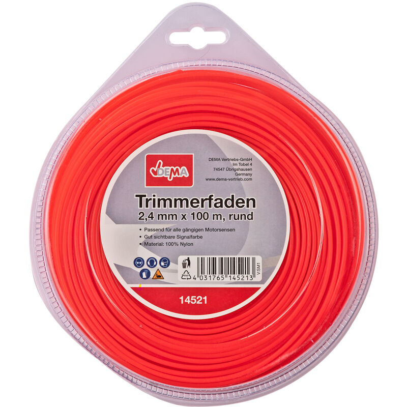 Motorsense Freischneider Trimmer Mähfaden 2,4 mm x 100 m rund Nylon Signalfarbe