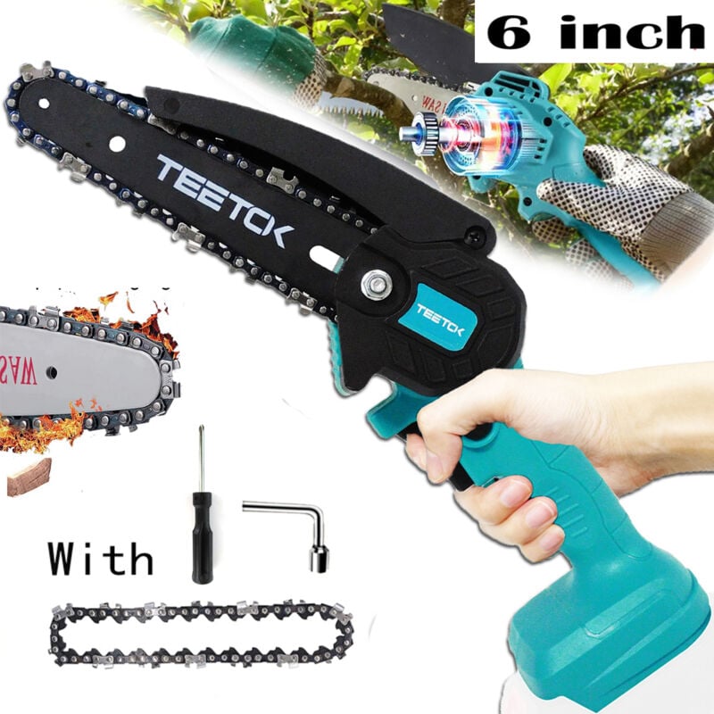 Akku-Kettensägen, 6 Zoll kabellose elektrische Kettensäge, tragbare Mini-Holzbearbeitungssäge, leistungsstarke Kettensäge,(keine Batterie),Kompatibel
