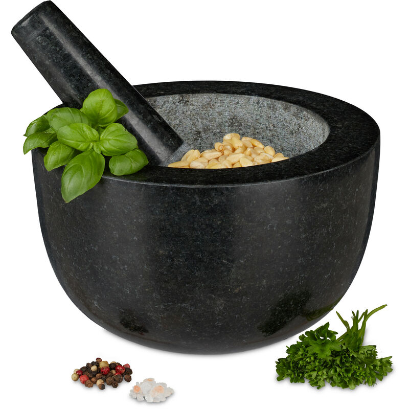Mörser mit Stößel, Granit, poliert, für Gewürze und Kräuter, 750 ml Volumen, Steinmörser d: 20 cm, dunkelgrau - Relaxdays