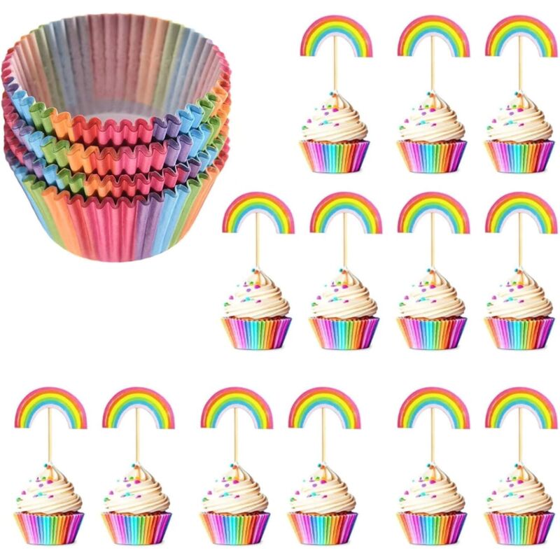 Muffinförmchen Papier, 2 Boxen mit 12 Regenbogen Deko Cupcake Topper, Ideal für Kindergeburtstag, Baby Shower und Hochzeit, Regenbogen Deko