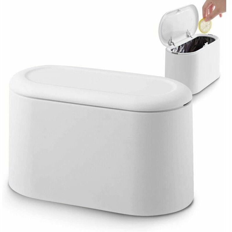 Mülleimer mit Druckdeckel, Mülleimer, Push-Mülleimer, Tisch, weißer Abfalleimer, Mini-Papierkorb für die Arbeitsplatte, kleiner Tisch-Mülleimer für