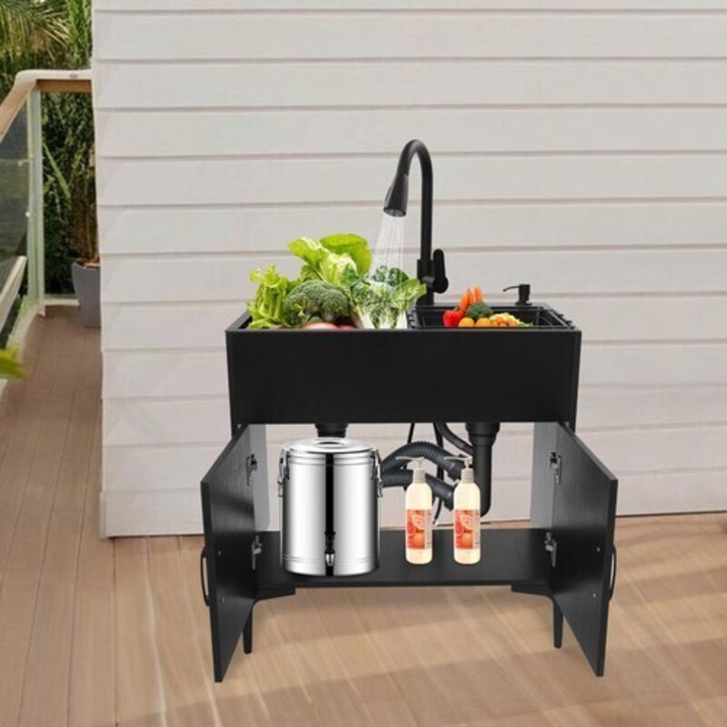 Multifunktionale Spüle aus Edelstahl mit Spülbecken und verstellbarer Armatur, freistehende Küchenspüle, Spüle mit Unterschrank.