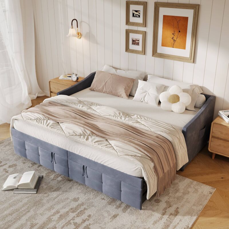 Multifunktionales Schlafsofa 90/180x200 cm - mit ausziehbarem Bett - seitlichen Taschen - Samtbezug - Lattenrost - erweiterbares Sofa-Bett - Grau
