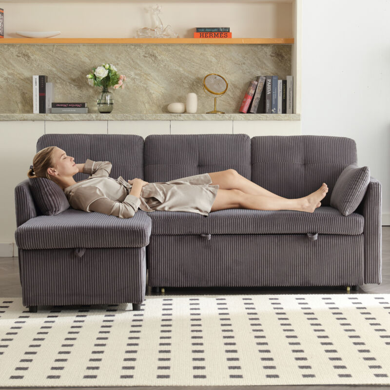 Multifunktionales Schlafsofa mit Stauraum und Ausziehbett, austauschbares Schlafsofa mit Chaiselongue, Anbausofa mit Stauraum, modulares L-förmiges