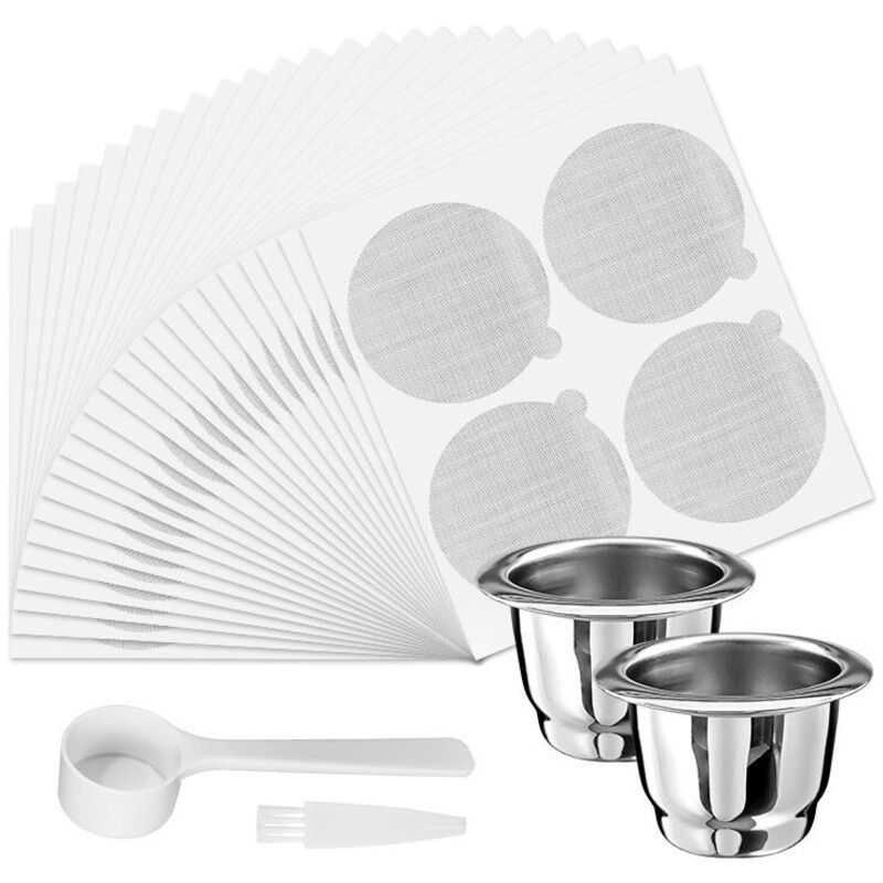 Nachfüllbare Kaffeepads aus Edelstahl, kompatibel mit Nes-Presso-Maschinen (2 Tassen + 100 Deckel + Pinsellöffel)