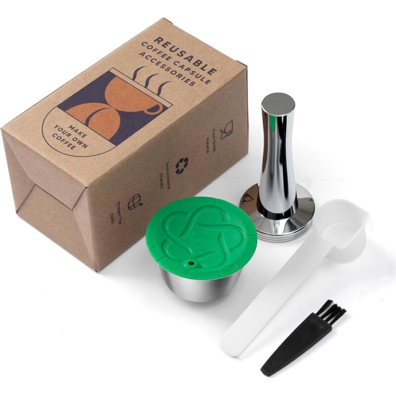 Nachfüllbare Kapseln, wiederverwendbare Kaffeepadfilter, kompatibel mit Dolce Gusto Kaffeemaschinen, mit Löffel und Bürste (1 Kapsel, 1 Tamper)
