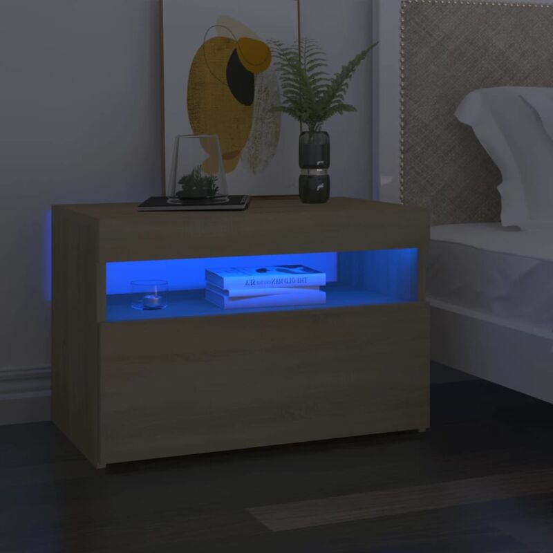 Nachttisch LED-Leuchten, Nachtkommode, Beistelltisch, Nachtschrank für Schlafzimmer LED-Leuchten Sonoma-Eiche 60x35x40cm Holzwerkstoff MAIW26980