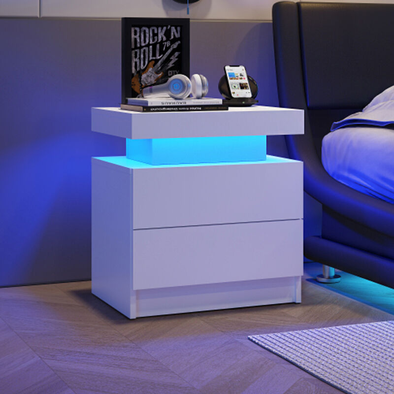 Nachttisch, LED-Nachttisch, Schrankbeleuchtung, modernes Ende, Seite mit 2 Schubladen für Schlafzimmer (weiß)