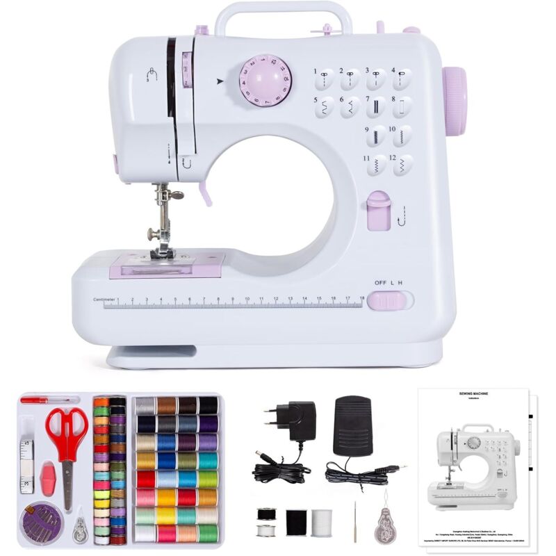 Nähmaschine für Anfänger und Kinder, 12 Stichmuster, Nähmaschine Klein mit Fußpedal Nählicht Elekt, mit Nähset (Lila)