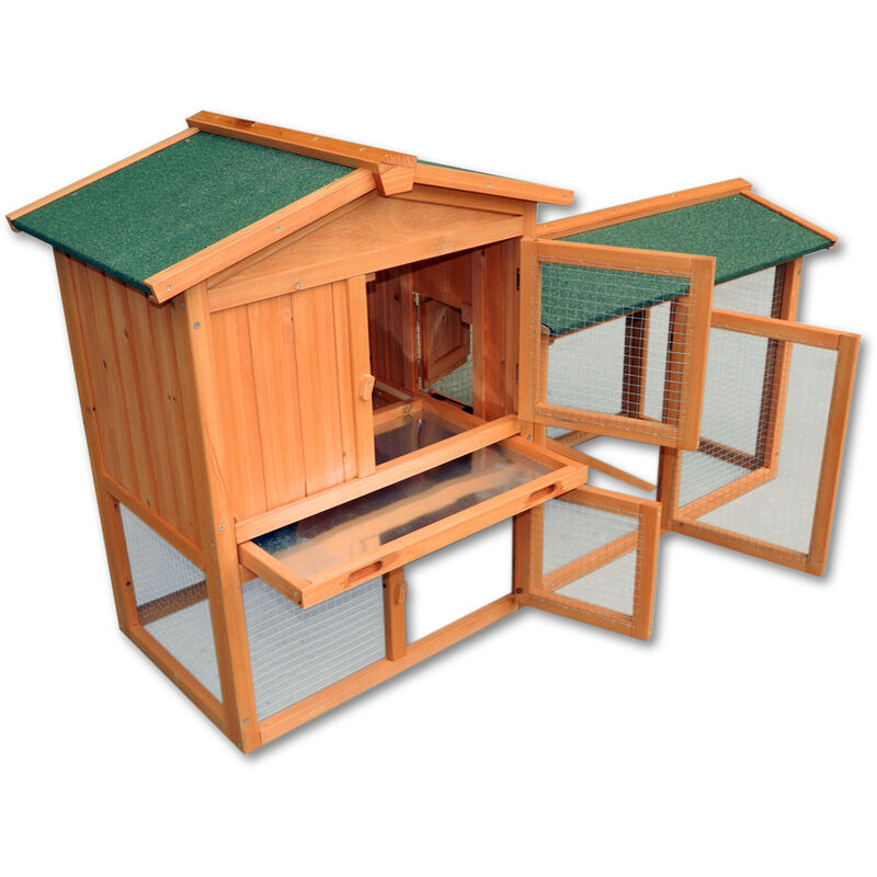 Wiltec 2 Etagen Nagerhaus 1470 x 520 x 855 mm, Hasenstall zweistöckig aus Fichtenholz, mit Bitumeneindeckung und Kotwanne, Kleintierhaus Freilauf