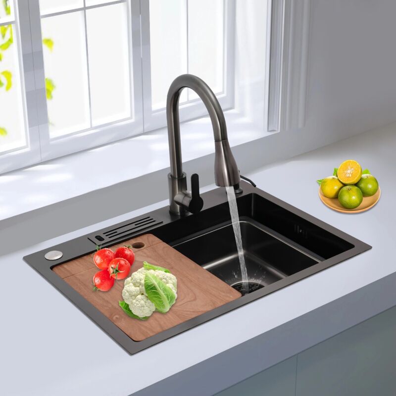Nano coated kitchen sink black with faucet expandable by 60 x 45 cm, multifunctional kitchen sink with cutting board, kn OUTDOORGOODSS