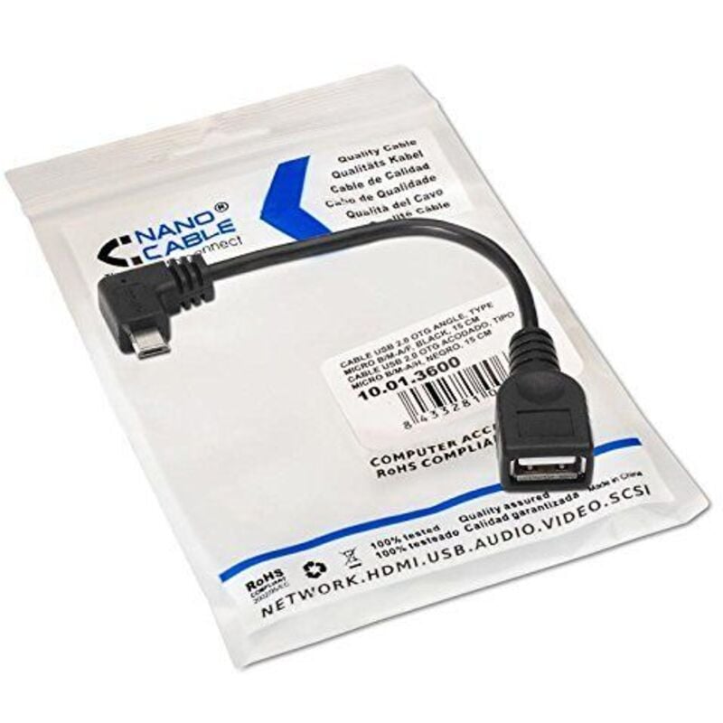 Nano Cable - Nanokabel - usb 2.0 otg Kabel 15cm gewinkelt micro b/m-a/h Anschluss für Smartphones. Tablets, etc. - Farbe schwarz