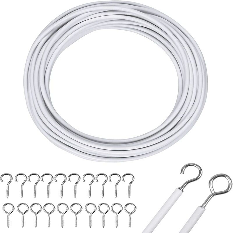 Gardinennetz, 10 m, weiß, Gardinendraht, Gardinendraht mit Gardinenhaken und Ösen, Gardinenschnur für Gardinenstange, zum Aufhängen von Gardinen,