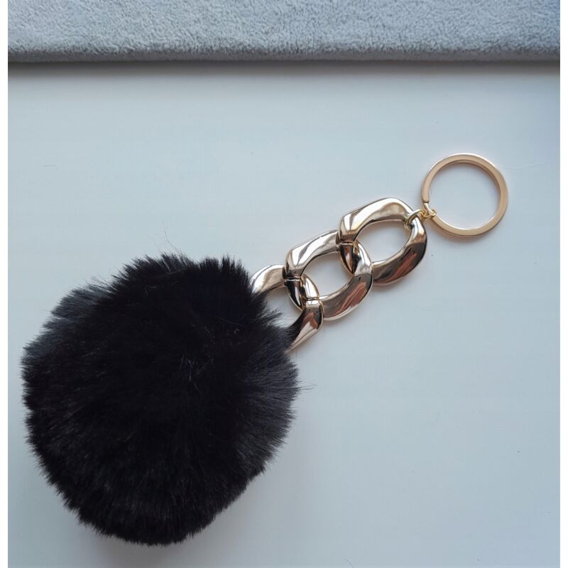 Neu Schwarzer Pelz-Schlüsselanhänger Pompon Goldkette