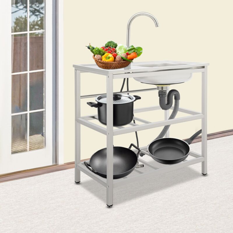NEW Silver Stainless Steel Kitchen Sink, Freestanding Outdoor Kitchen Utility Sink, Stainless Steel Sink with Faucet, Total Product Size: 754078cm/