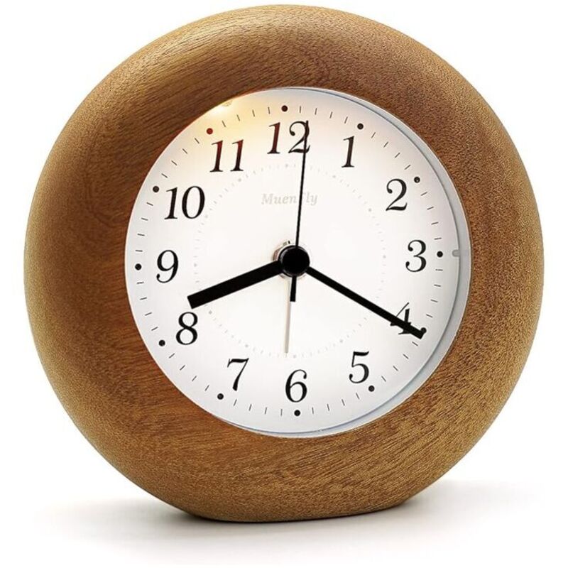 Nicht tickender analoger Wecker, Holzwecker mit Schlummerfunktion, strahlungsfreier batteriebetriebener Wecker, Schreibtischuhr mit Nachtlicht für