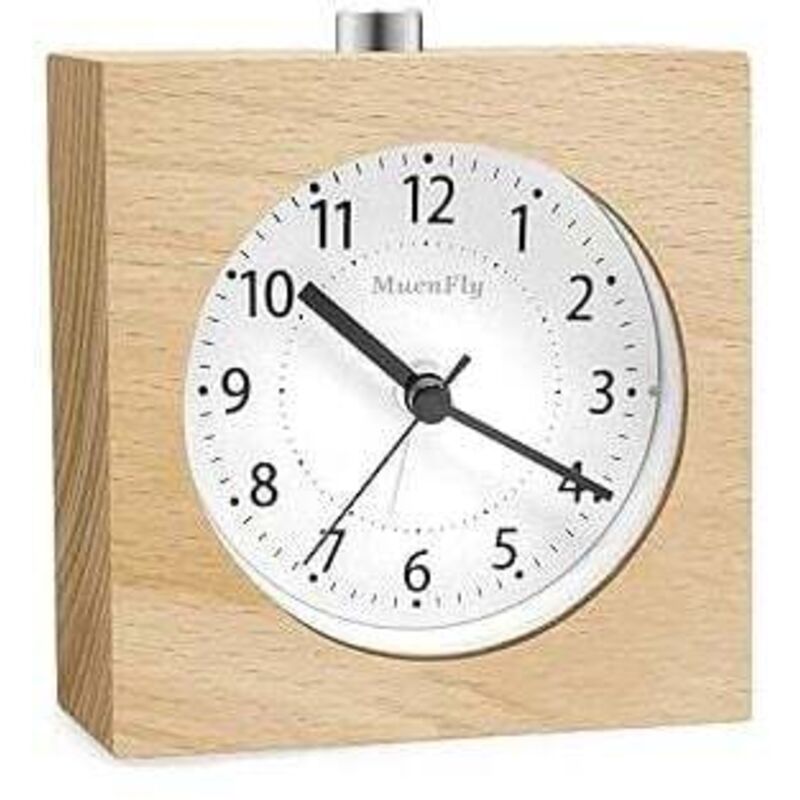 Nicht tickender analoger Wecker, Schlummerwecker aus Holz, Strahlungsfreier batteriebetriebener Wecker, Schreibtischuhr mit Nachtlicht für