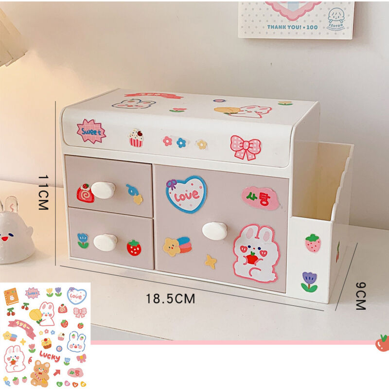 Niedliche Aufbewahrungsbox aus Kunststoff für den Schreibtisch, geräumige Schublade für Kosmetik, Büro und Zuhause, Hellrosa