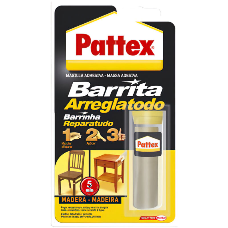 Pattex Arreglatodo-Stift, Zweikomponenten-Spezial-Holzkitt, Klebe- und Reparaturpaste, Epoxidharz, überstreichbar und schleifbar für verschiedene