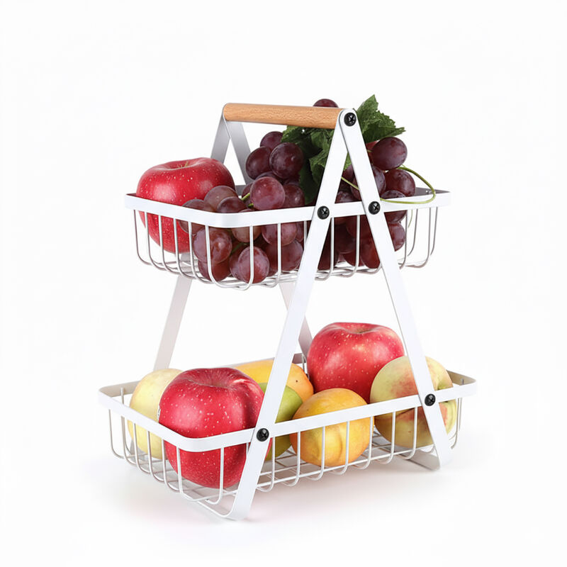 Relaxdays Obst Etagere, 2-stöckig, Metall, Holzgriff, HxBxT: 34 x 26 x 17 cm, Obst & Gemüse, eckige Obstschale, weiß