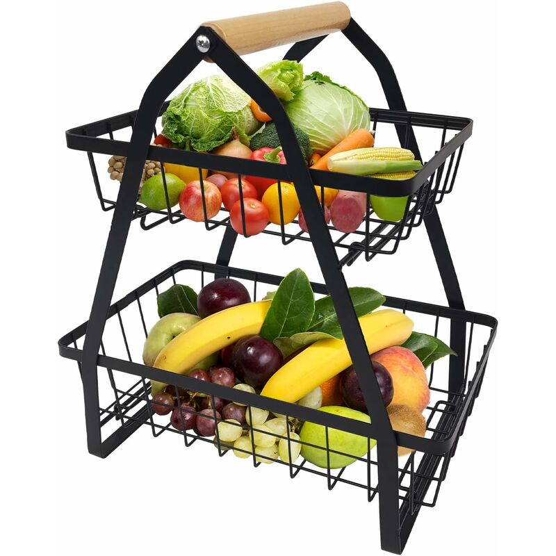Obst Etagere Obstkorb 2 Stöckig Schwarze Abnehmbar Obstschale Gemüseregal Brotkorb Küche Aufbewahrung für Obst, Gemüse, Snacks, Brot - 27x17x30cm