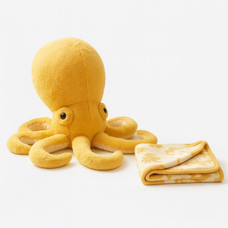 Oktopus-Plüschtier mit Decke 3-in-1 - Gelbes Kuscheltier mit Decke für Kinder
