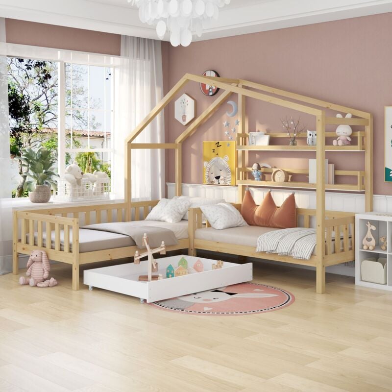 Kinderbett Hausbett mit Schubladen und Regalen, Massivholz mit Zaun und Lattenrost, L-Struktur, Natur (90x200 cm+140x70cm) Okwish