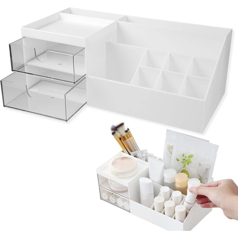 Fitags - Kosmetik Organizer, Weißer Kosmetik Organizer aus Kunststoff, 24,5 x 12 x 9,1 cm, Weiße Kosmetik Aufbewahrungsbox mit 2 Schubladen, Kosmetik