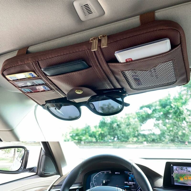 Organizer für die Sonnenblende im Auto, Aufbewahrungsfach aus PU-Leder für CDs/DVDs, Kreditkarten, Sonnenbrillen, Mehrzweck-Aufbewahrungsetui, Braun