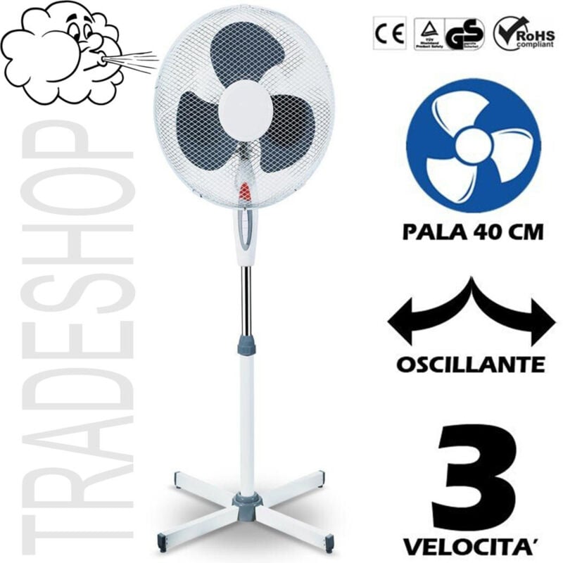 Trade Shop Traesio - Trade Shop - Oszillierender Standventilator, 40 cm Flügel, 3 Geschwindigkeiten, Kreuzfuß, 45 w, farbig -