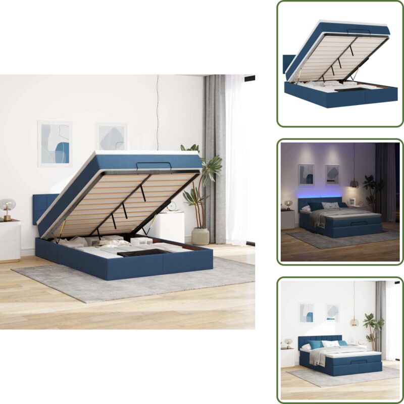 Ottoman-Bett mit Matratze & LEDs Blau 140x200 cm Stoff - Ottoman-Bett - Ottoman-Betten - Bettrahmen - Bettgestell