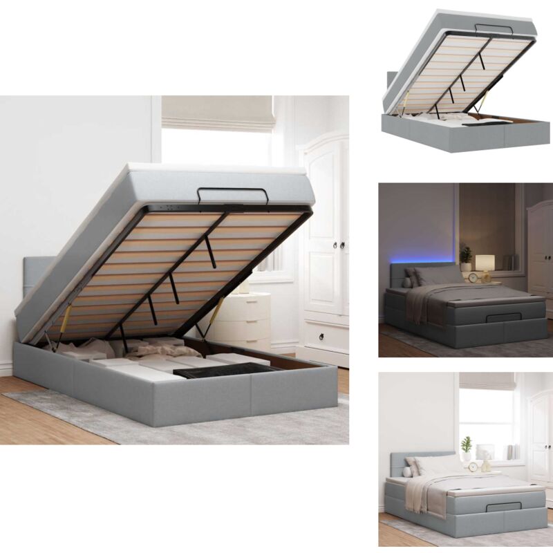 Ottoman-Bett mit Matratze & LEDs Hellgrau 120x200 cm Stoff - Ottoman-Bett - Ottoman-Betten - Bett Mit Stauraum - Polsterbett