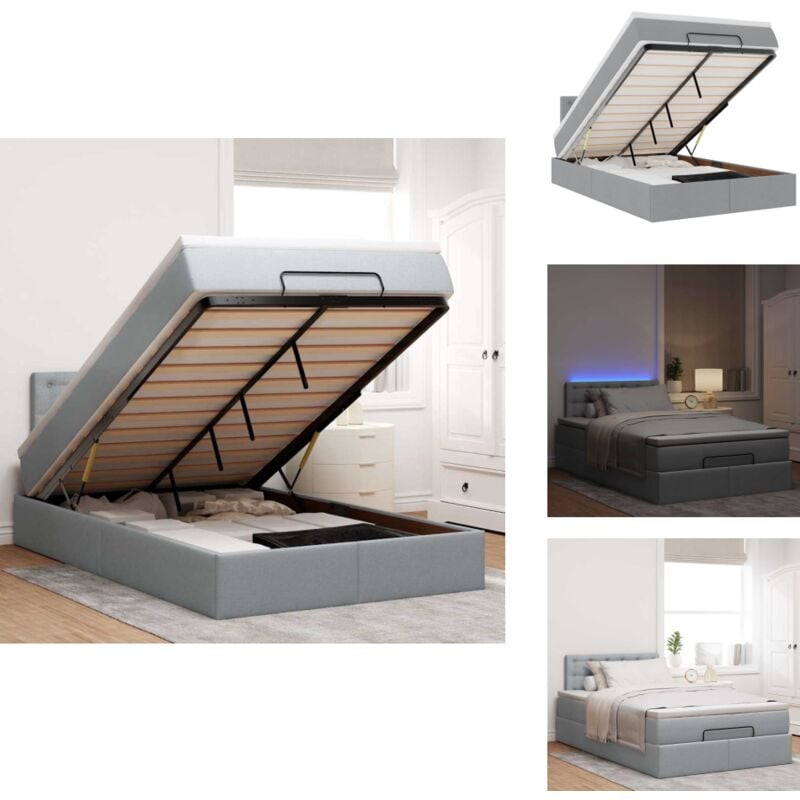 Ottoman-Bett mit Matratze & LEDs Hellgrau 120x200 cm Stoff - Ottoman-Bett - Ottoman-Betten - Bett Mit Stauraum - Polsterbett