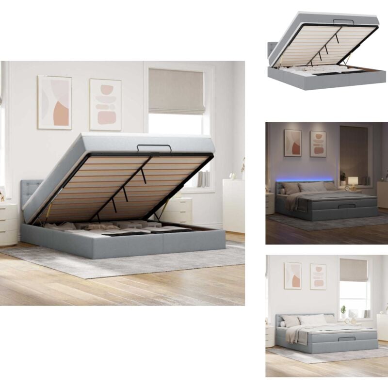 Ottoman-Bett mit Matratze & LEDs Hellgrau 160x200 cm Stoff - Ottoman-Bett - Ottoman-Betten - Bett Mit Stauraum - Polsterbett