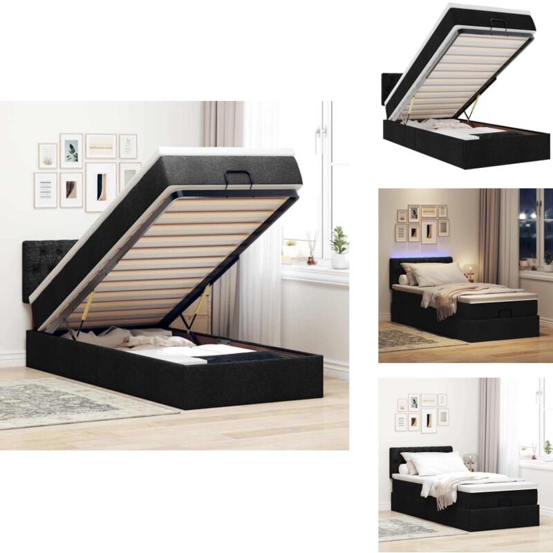 Ottoman-Bett mit Matratze & LEDs Schwarz 100x200 cm Stoff - Ottoman-Bett - Ottoman-Betten - Bett Mit Stauraum - Polsterbett