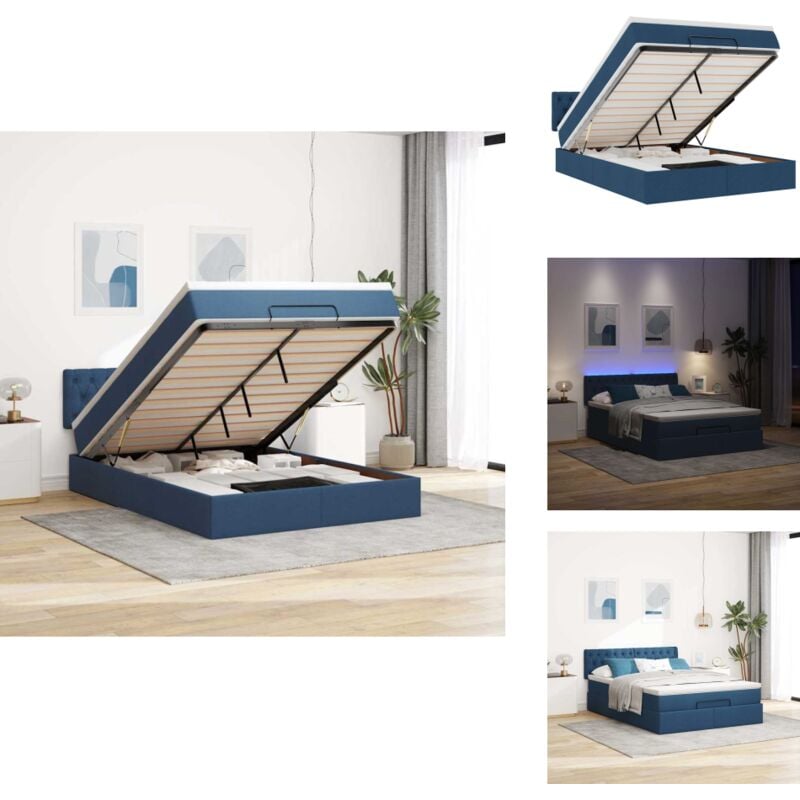 Ottomane Bett mit Matratze & LEDs Blau 140x190 cm Stoff - Ottoman-Bett - Ottoman-Betten - Bett Mit Stauraum - Polsterbett