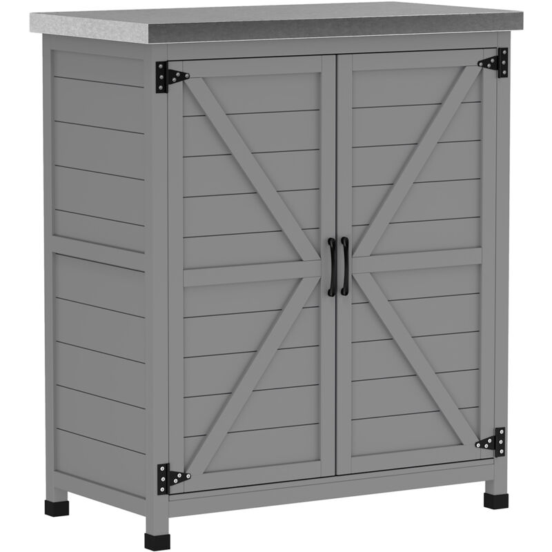 Outdoor Gartenschrank aus Holz, wetterfester Geräteschuppen mit Arbeitsplatte, Doppeltür und Einlegeboden, Mehrzweck-Aufbewahrungsschrank, 79 × 43 ×