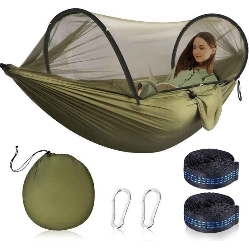 Outdoor-Hängematte mit Moskitonetz, ultraleichte Reise-Camping-Hängematte, maximale Belastung 200 kg, inklusive 2 Premium-Karabinern, 2 x