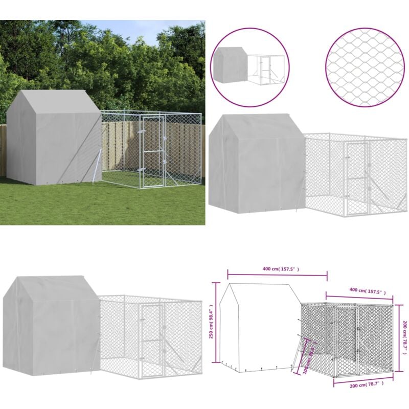 Outdoor-Hundezwinger mit Dach Silbern 4x4x2,5m Verzinkter Stahl - Hundezwinger - Metallzwinger - Auslauf Für Hunde - Gartenhaus Für Tiere - Tierstall