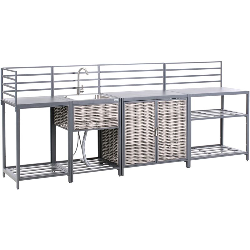 Outdoor-Küche Grau Aluminium u. Polyrattan 4er Set mit Edelstahl-Spüle Handtuchstangen Modern Garten Draußen Outdoor-Küchenmöbel Gartenküche