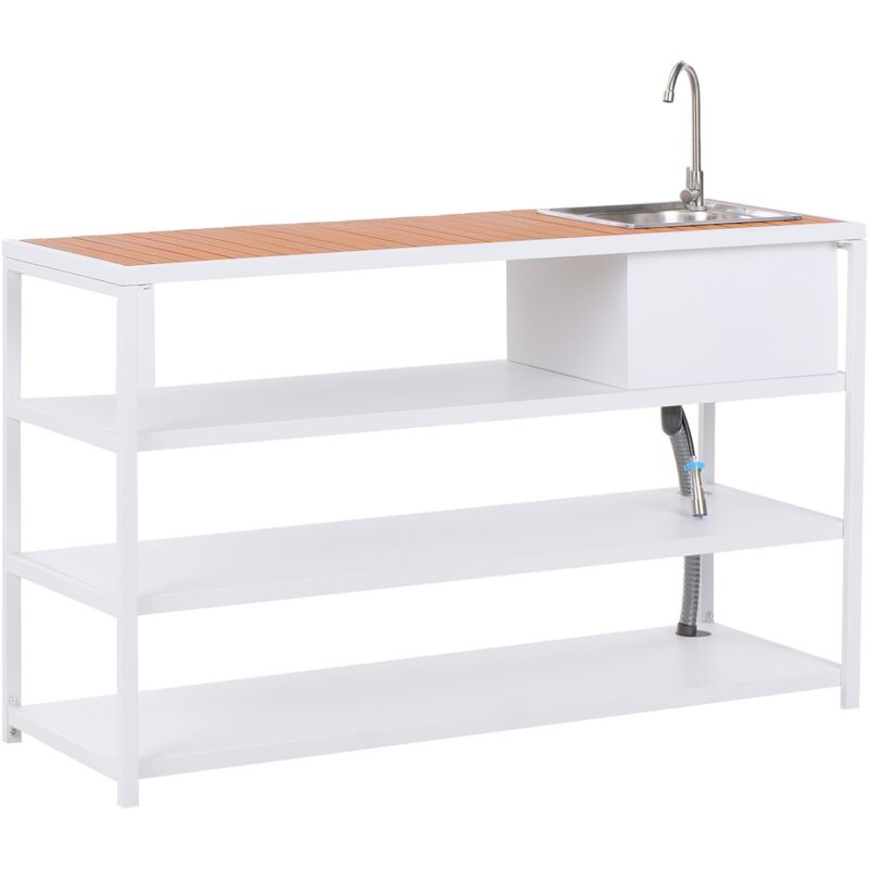 Outdoor-Kücheninsel mit Spüle Weiß Stahl u. Kunstholz 50 x 144 x 91 cm Modern für Garten Draußen Außen Ausstattung Outdoor-Küchenmöbel