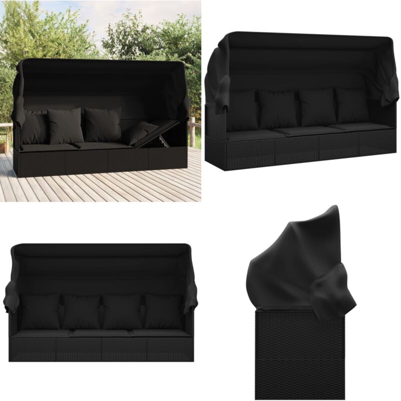 Outdoor-Loungebett mit Dach und Kissen Schwarz Poly Rattan - Outdoormöbel - Lounge Bett - Sonnenschirm - Gartenlounge - Poolside Möbel - Home & Living