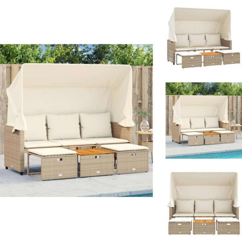 Outdoor-Sofa 3-Sitzer mit Dach und Hockern Beige Poly Rattan - Gartensofa - Outdoor-Sofa - Lounge Set - Rattan Möbel - Gartenmöbel