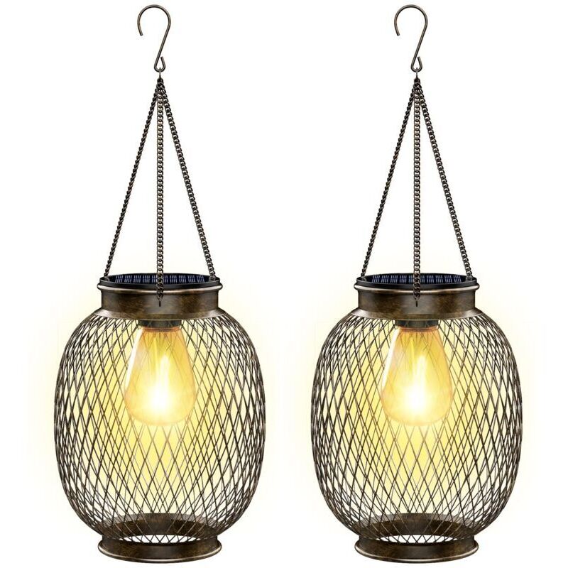 Outdoor-Solar-Garten-Hängelampe, IP65 wasserdichte Outdoor-Solarlaterne 2 Stück mit LED-Glühbirnenlampe für Veranda, Hof, Garten