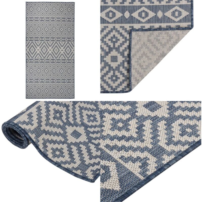 Outdoor-Teppich Flachgewebe 100x200 cm Blau Gestreift - Outdoor-Teppich - Balkon-Teppich - Terrassen-Teppich - Kunststoff-Teppich - Wetterfest - Home