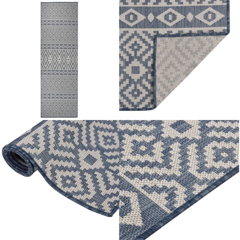 Outdoor-Teppich Flachgewebe 80x250 cm Blau Gestreift - Outdoor-Teppich - Balkon-Teppich - Terrassen-Teppich - Kunststoff-Teppich - Wetterfest - Home