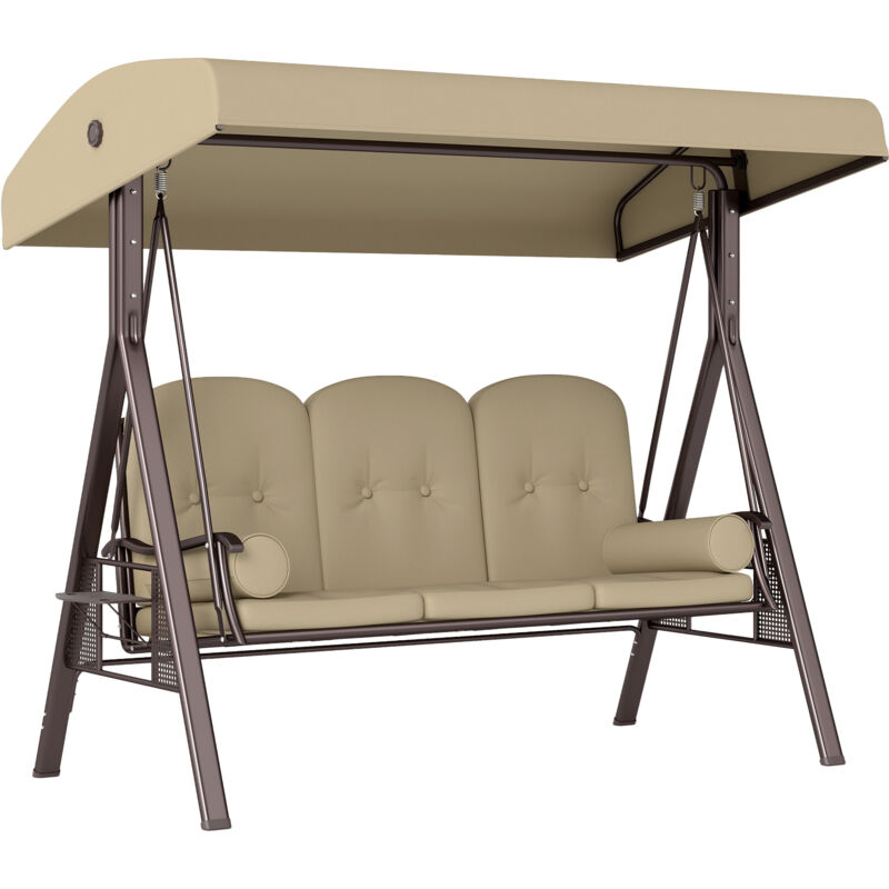 Outsunny 3-Sitzer Hollywoodschaukel Gartenschaukel mit Sonnendach Kissen Metall Polyester Khaki 116 x 206 x 183 cm